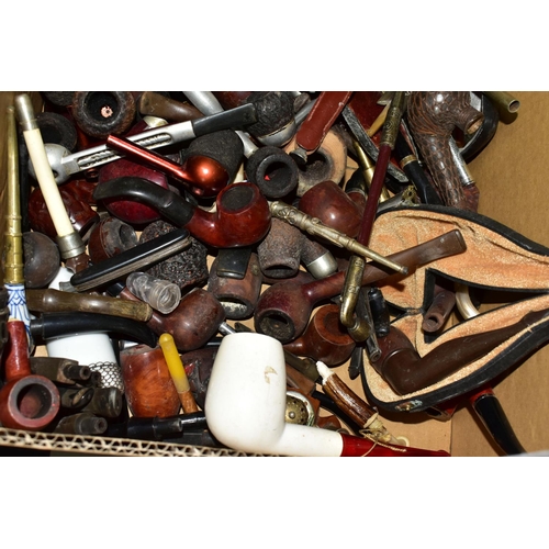 485 - A BOX OF PIPES, to include over forty pipes, part pipes and accessories, clay pipes including an RAO... 