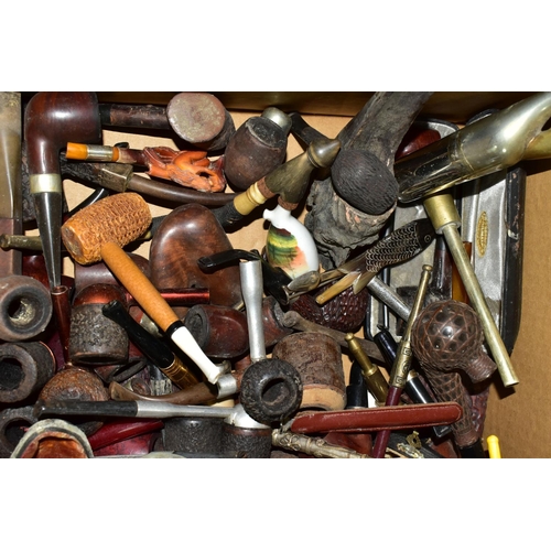 485 - A BOX OF PIPES, to include over forty pipes, part pipes and accessories, clay pipes including an RAO... 