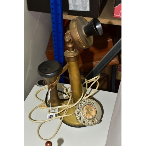 488 - A BRASS VINTAGE STYLE CANDLESTICK TELEPHONE AND A WALL CLOCK, plug in BT phone- BT-QC-BS 222 , 84/1 ... 