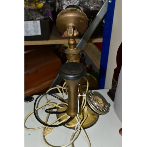 488 - A BRASS VINTAGE STYLE CANDLESTICK TELEPHONE AND A WALL CLOCK, plug in BT phone- BT-QC-BS 222 , 84/1 ... 