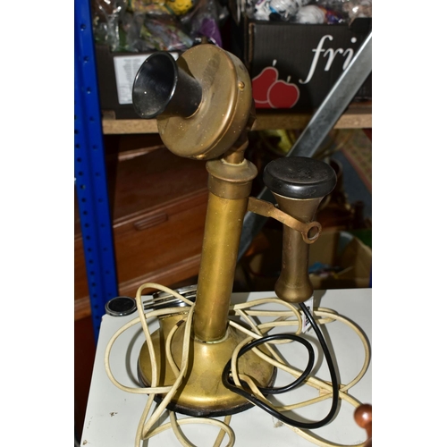 488 - A BRASS VINTAGE STYLE CANDLESTICK TELEPHONE AND A WALL CLOCK, plug in BT phone- BT-QC-BS 222 , 84/1 ... 