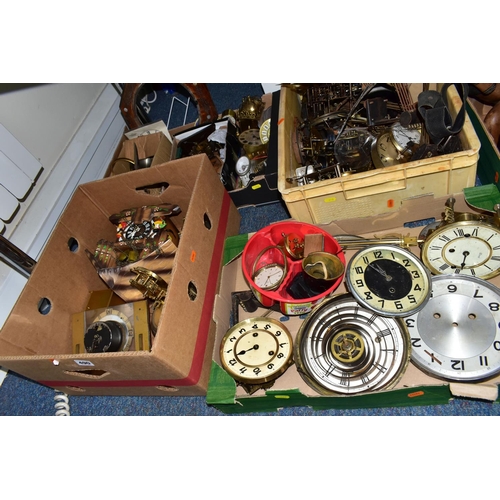 490 - FOUR BOXES OF CLOCK PARTS, to include clock movements, gears, dials, bezels, glass, pendulums, hands... 