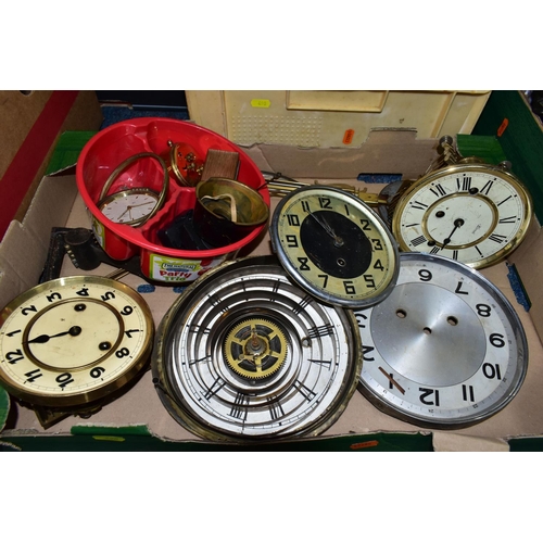 490 - FOUR BOXES OF CLOCK PARTS, to include clock movements, gears, dials, bezels, glass, pendulums, hands... 