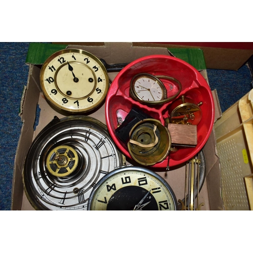 490 - FOUR BOXES OF CLOCK PARTS, to include clock movements, gears, dials, bezels, glass, pendulums, hands... 