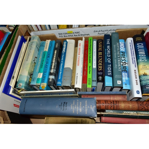 500 - NAUTICAL BOOKS, five boxes containing over 200 books ii hardback and paperback formats on a Nautical... 