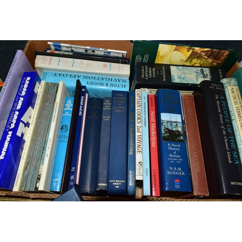 500 - NAUTICAL BOOKS, five boxes containing over 200 books ii hardback and paperback formats on a Nautical... 