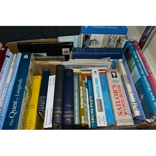 500 - NAUTICAL BOOKS, five boxes containing over 200 books ii hardback and paperback formats on a Nautical... 