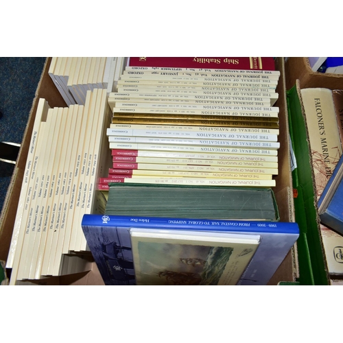 500 - NAUTICAL BOOKS, five boxes containing over 200 books ii hardback and paperback formats on a Nautical... 