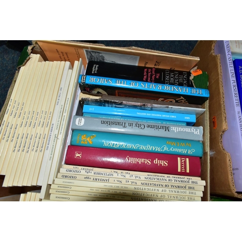 500 - NAUTICAL BOOKS, five boxes containing over 200 books ii hardback and paperback formats on a Nautical... 