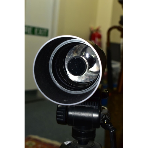 502 - A TAMRON SPOTTING SCOPE AND A TRIPOD, the scope marked 'Zoom 20x-60x' mounted on an adjustable tripo... 