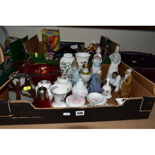 506 - TWO BOXES OF CERAMICS, GLASS AND SUNDRY ITEMS ETC, to include a unmarked Mdina vase, cranberry glass... 