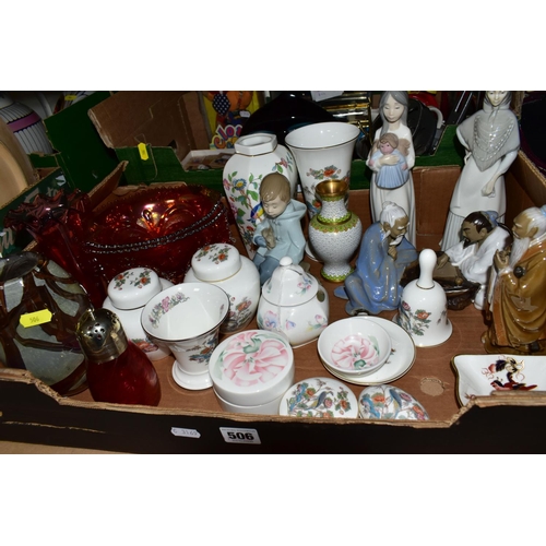 506 - TWO BOXES OF CERAMICS, GLASS AND SUNDRY ITEMS ETC, to include a unmarked Mdina vase, cranberry glass... 