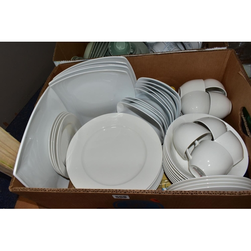 508 - SIX BOXES OF CERAMICS AND GLASS WARES ETC, to include Spode 'Flemish Green' dinner wares, Maxwell Wi... 