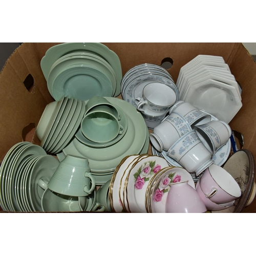 508 - SIX BOXES OF CERAMICS AND GLASS WARES ETC, to include Spode 'Flemish Green' dinner wares, Maxwell Wi... 