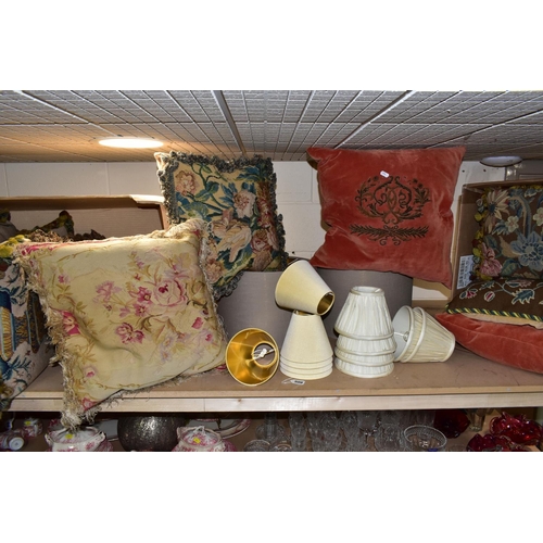 509 - TWO BOXES AND LOOSE SOFT FURNISHINGS ETC, comprising seven embroidered cushions, two velvet cushions... 