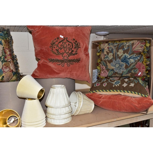 509 - TWO BOXES AND LOOSE SOFT FURNISHINGS ETC, comprising seven embroidered cushions, two velvet cushions... 