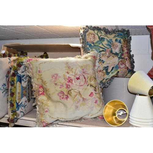 509 - TWO BOXES AND LOOSE SOFT FURNISHINGS ETC, comprising seven embroidered cushions, two velvet cushions... 