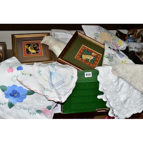 513 - A COLLECTION OF VICTORIAN AND LATER LINEN ETC, to include a large floral ribbon work tablecloth / be... 