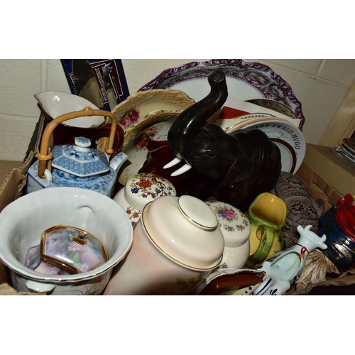 514 - TWO BOXES AND LOOSE TEA WARES AND DECORATIVE CERAMICS ETC, to include Royal Albert 'Devon' pattern t... 