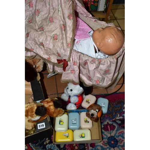 518 - A QUANTITY OF ASSORTED VINTAGE DOLLS AND BABY TOYS ETC., to include a quantity of plastic and compos... 