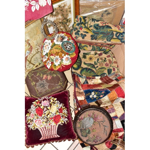 519 - A GROUP OF LATE GEORGIAN AND VICTORIAN EMBROIDERIES, BEADWORK PANELS AND CUSHIONS, ETC, including th... 