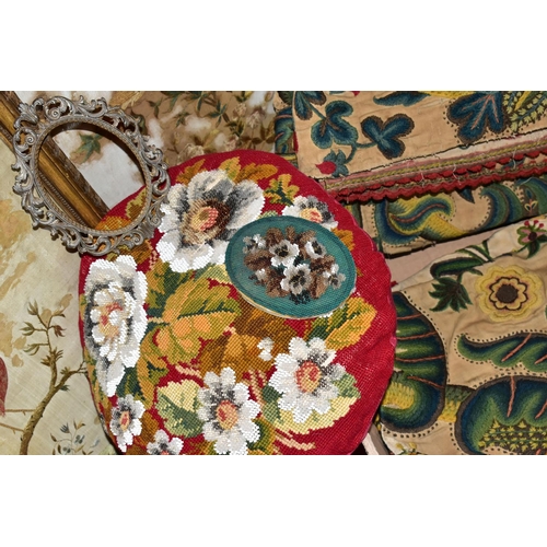 519 - A GROUP OF LATE GEORGIAN AND VICTORIAN EMBROIDERIES, BEADWORK PANELS AND CUSHIONS, ETC, including th... 