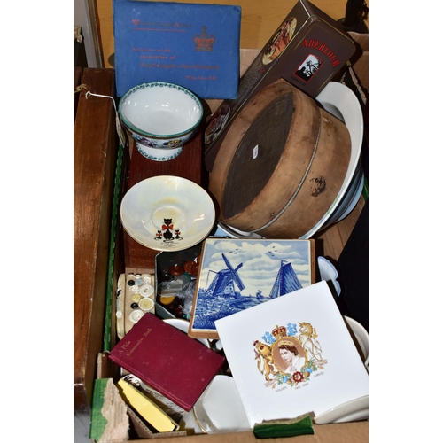 521 - THREE BOXES AND LOOSE OF CERAMICS, TREEN, BUTTONS, ETC, including a small quantity of Minton 'Ancest... 