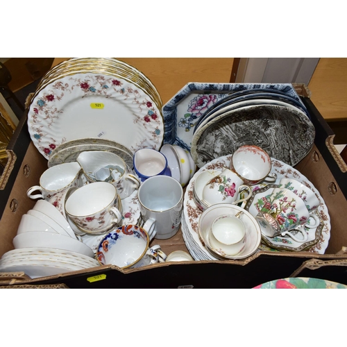 521 - THREE BOXES AND LOOSE OF CERAMICS, TREEN, BUTTONS, ETC, including a small quantity of Minton 'Ancest... 