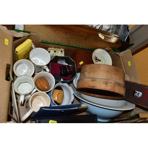 521 - THREE BOXES AND LOOSE OF CERAMICS, TREEN, BUTTONS, ETC, including a small quantity of Minton 'Ancest... 