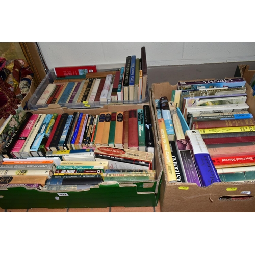 523 - BOOKS, three boxes containing approximately 110-115 miscellaneous titles in hardback and paperback f... 