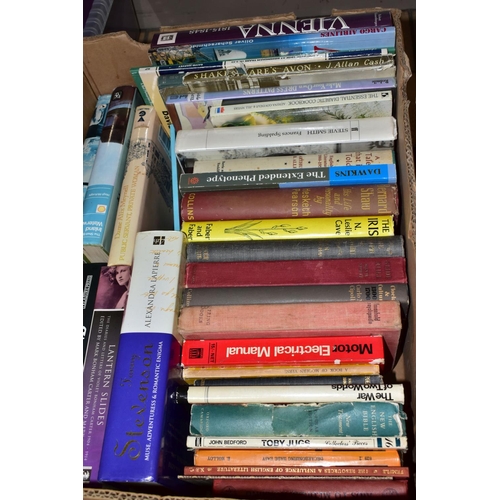 523 - BOOKS, three boxes containing approximately 110-115 miscellaneous titles in hardback and paperback f... 