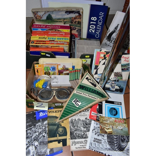 524 - A QUANTITY OF CAR AND CAR RACING ITEMS AND EPHEMERA, to include two pairs of vintage goggles (no mak... 