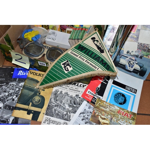 524 - A QUANTITY OF CAR AND CAR RACING ITEMS AND EPHEMERA, to include two pairs of vintage goggles (no mak... 