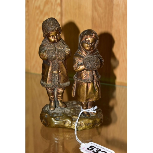 532 - AFTER JOSEPH LE GULUCHE (1849-1915), two gilt bronze figures of children standing on a rocky base, t... 