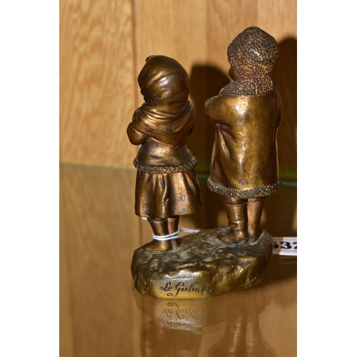 532 - AFTER JOSEPH LE GULUCHE (1849-1915), two gilt bronze figures of children standing on a rocky base, t... 