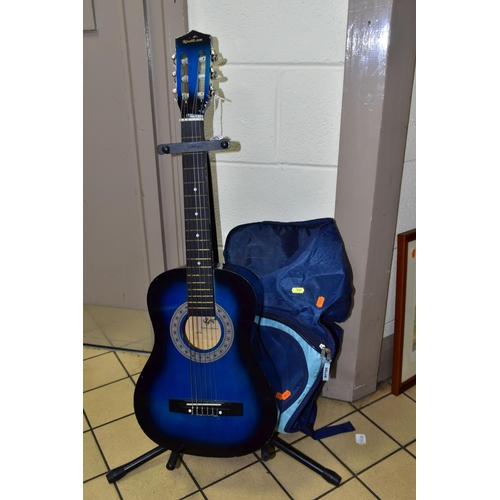 537 - A BLUE RINO88.COM LIMITED PRODUCTION CHILD'S ACOUSTIC GUITAR, length 87.5cm x max. width 30.8cm, wit... 