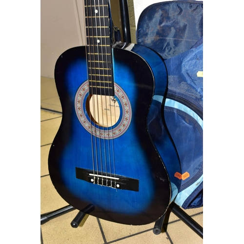 537 - A BLUE RINO88.COM LIMITED PRODUCTION CHILD'S ACOUSTIC GUITAR, length 87.5cm x max. width 30.8cm, wit... 