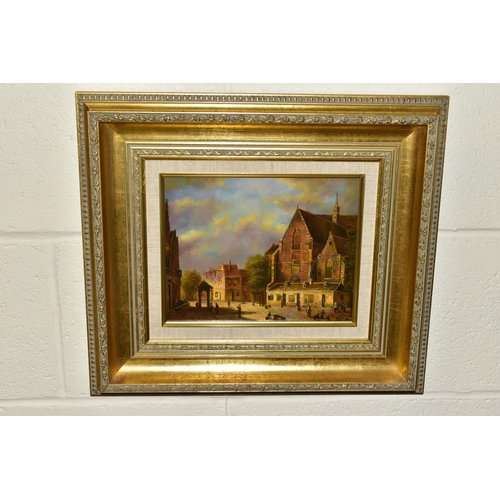 538 - TWO 20th CENTURY NOSTALGIC VILLAGE SCENES PAINTED IN THE DUTCH STYLE, oils on board, one signed S. C... 