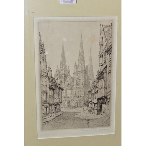 543 - ERNEST LLEWELLYN HAMPSHIRE (1882-1994) 'LICHFIELD CATHEDRAL), a view along a street to the three spi... 