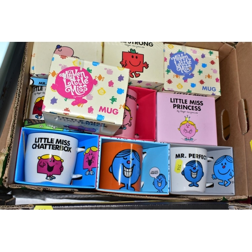 556 - THREE BOXES OF BOXED AND UNBOXED MR. MEN AND LITTLE MISS MUGS, OTHER CERAMIC ITEMS AND ASSORTED PLAT... 