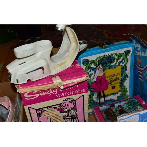 559 - A QUANTITY OF ASSORTED VINTAGE DOLLS AND ACCESSORIES ETC., to include part used Sindy In Town cut-ou... 