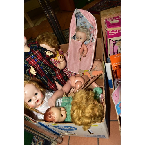 559 - A QUANTITY OF ASSORTED VINTAGE DOLLS AND ACCESSORIES ETC., to include part used Sindy In Town cut-ou... 