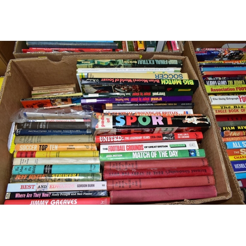 560 - FOOTBALL/SPORT BOOKS, three boxes containing approximately 110 titles in hardback and paperback form... 