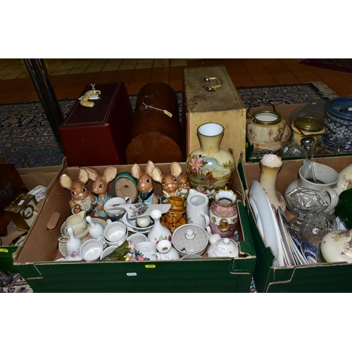 562 - FOUR BOXES OF CERAMICS, GLASSWARE, CLOCKS AND THREE CASED SEWING MACHINES, including four Pendelfin ... 