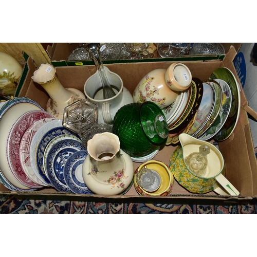 562 - FOUR BOXES OF CERAMICS, GLASSWARE, CLOCKS AND THREE CASED SEWING MACHINES, including four Pendelfin ... 