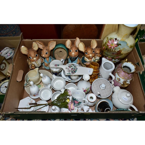 562 - FOUR BOXES OF CERAMICS, GLASSWARE, CLOCKS AND THREE CASED SEWING MACHINES, including four Pendelfin ... 