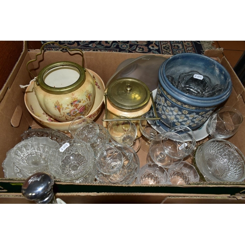 562 - FOUR BOXES OF CERAMICS, GLASSWARE, CLOCKS AND THREE CASED SEWING MACHINES, including four Pendelfin ... 