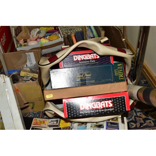 566 - FOUR BOXES AND LOOSE BOARD GAMES, MATCHBOX COLLECTION, BOOKS, VINTAGE SOAPS, ETC, including an autom... 