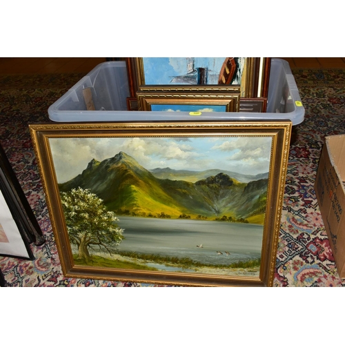 569 - A GROUP OF LATER 20TH CENTURY PAINTINGS AND PRINTS, comprising an unsigned oil on board depicting tw... 