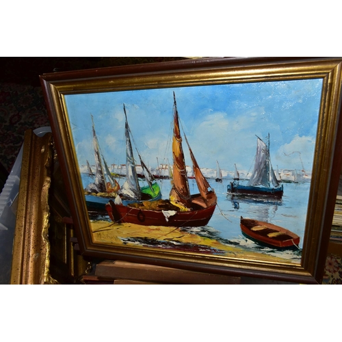 569 - A GROUP OF LATER 20TH CENTURY PAINTINGS AND PRINTS, comprising an unsigned oil on board depicting tw... 